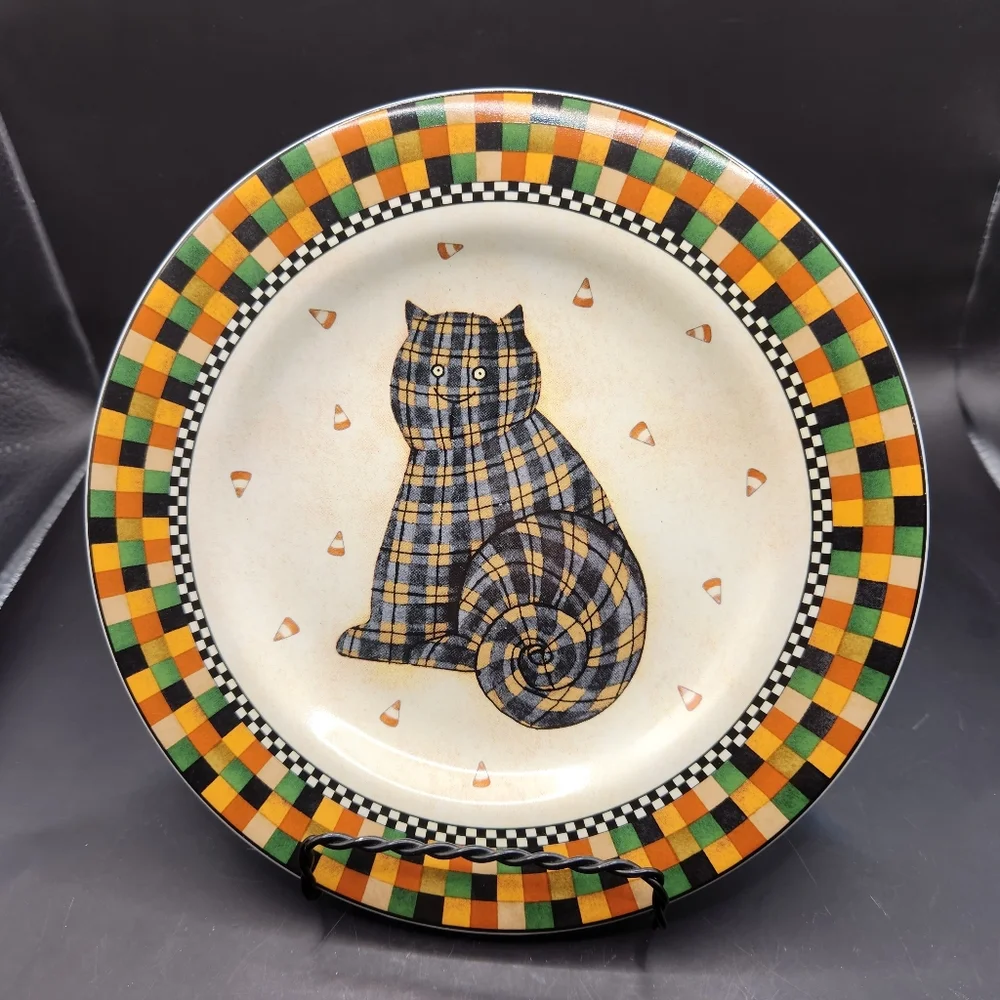 1998 Debbie Mumm Sakura Halloween Plaid Cat Salad/Dessert Plates, Set of 2